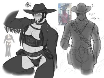 2boys baimonbluewhale blush chest_hair cigar cowboy cowboy_deadpool cowboy_hat cowgirl_outfit crossdressing deadpool deadpool_&_wolverine_(2024) english_text feminization gay hairy large_pectorals looking_at_another male male_focus male_only marvel marvel_cinematic_universe marvel_comics monochrome muscular muscular_male pectorals photo_reference thong wolverine_(x-men) x-men yaoi
