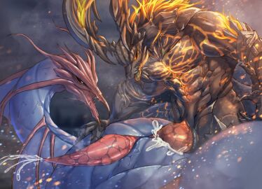 anal anal_sex bodily_fluids duo elemental_creature erection feral final_fantasy final_fantasy_xvi fire fire_creature genital_fluids genitals hi_res horn ifrit_(final_fantasy) ifrit_(final_fantasy_xvi) leviathan_(final_fantasy_xvi) male male/male male_penetrated male_penetrating male_penetrating_male megahamco nude penetration penile penis sex square_enix