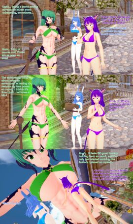 3d 3girls abs au_ra au_raimdelle bikini black_scales blue_eyes blue_hair body_growth body_growth_(enlargement) breasts cat_ears cat_tail english_text female female_focus final_fantasy final_fantasy_xiv giantess green_eyes green_hair growth horns koikatsu miqo'dex miqo'te muscular muscular_female oc original_character purple_eyes purple_hair rabbit_ears tagme text viera vieratelloune xavierhuge
