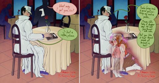 big_breasts bilberrybear blowjob blowjob_under_table blush boob_window breasts dialogue diamond_is_unbreakable dirty_talk dominant_male female fully_clothed hanging_breasts hidden_sex jojo's_bizarre_adventure jotaro_kujo lipstick male male/female nipples_visible_through_clothing on_knees original_character people_in_background pokies restaurant self_upload semi_public side_by_side silhouette_background sneaky_sex speech_bubble stealth_fellatio stealth_oral stealth_sex straight submissive_female text thick thick_thighs