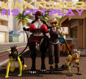 3d abel_(haolde) anthro big_breasts bikini blender_cycles bondage breasts clawe clothing collar digital_media_(artwork) ear_piercing eyewear facial_piercing female group haolde haolde_(character) hi_res huge_breasts kinktober leash leashed_collar mechanical_arm mechanical_leg nipples nose_piercing petplay piercing roleplay square_crossover suit_symbol sunglasses swimwear two-piece_swimsuit