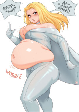bbw belly belly_overhang big_belly blonde_female blonde_hair blush breasts busty cape chubby chubby_female embarrassed emma_frost exhausted fat fat_female fat_fetish fat_rolls fatty female huge_belly kipteitei larger_female marvel marvel_comics obese obese_female out_of_breath overweight overweight_female pork_chop speech_bubble squished_breasts superhero_costume superheroine supervillainess thick_thighs tubby weight_gain wheeze wheezing white_cape x-men