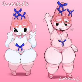 1girls anthro big_breasts breasts cleavage double_peace_sign female female_only lofasnofa looking_at_viewer my_melody nipples nipples_visible_through_clothing onegai_my_melody panties peace_sign rabbit sanrio solo solo_female thick_thighs white_body wink