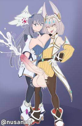 1futa 1girls 2024 animal_ears balls bangs big_breasts blue_hair breasts clothed clothing commission commissioner_upload cum duo ejaculation erection female flat_chest fully_clothed futa_on_female futanari handjob heart huge_balls huge_breasts huge_cock humanoid humanoid_penis intersex kemonomimi large_balls large_breasts large_penis leggings light-skinned_female light-skinned_futa light_skin long_hair melia_antiqua melia_antiqua_(xenoblade_3) mostly_clothed nia nusanagi orgasm penis queen_nia ripped_clothing short_hair small_but_hung standing surprised tongue tongue_out wings_on_head xenoblade_(series) xenoblade_chronicles_3