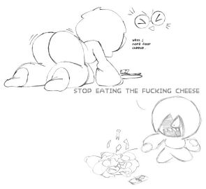 2girls >_< ai_upscaled all_fours ass big_ass cheese constricted_pupils english_text female_focus greyscale hair_over_one_eye huge_ass mae_(vannortt) mae_(wobblort) monochrome multiple_girls open_mouth short_hair simple_background sketch upscaled vannortt white_background wobblort
