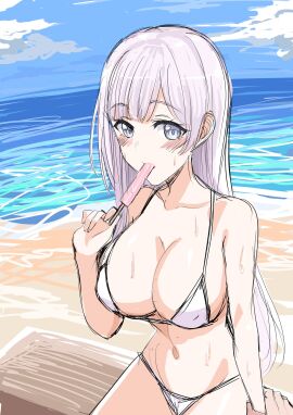 beach big_breasts blush breasts d4dj female izumo_saki kougami long_hair popsicle sweat swimsuit