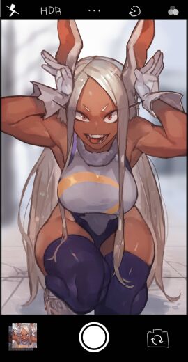 big_breasts breasts breasts_bigger_than_head bunny_ears bunny_girl bunnysuit female leotard looking_at_viewer miruko my_hero_academia pink_eyes rumi_usagiyama skintight thighhighs tongue tongue_out uedrk_yamato_(artist) white_hair