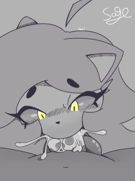 ahoge animal_humanoid balls blush blush_lines bodily_fluids cum cum_in_mouth cum_inside deepthroat duo eyelashes fellatio female first_person_view genital_fluids genitals grey_background hair highlights_(coloring) human humanoid humanoid_genitalia humanoid_penis kyoshii male male/female mammal mammal_humanoid monochrome oral oral_penetration penetration penile penis procyonid procyonid_humanoid raccoon_humanoid sex simple_background vesi_sage yellow_eyes