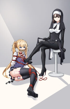 2582699140 2girls absurdres anal anal_beads anal_beads_in_ass anal_object_insertion ass black_anal_beads blonde_hair blue_eyes bondage bound brown_eyes brown_hair commentary_request dildo double_insertion female female_only flogger gag habit high_heels highres holding holding_whip improvised_gag katou_megumi large_anal_beads long_hair looking_at_another multiple_females multiple_girls nun object_insertion pussy rope saenai_heroine_no_sodatekata sawamura_spencer_eriri sex_toy shibari_over_clothes sitting smile tape tape_gag thighhighs twintails vaginal_object_insertion vaginal_penetration vibrator vibrator_in_thighhighs yuri