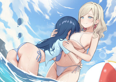 2girls aircraft ass ball beachball bikini blonde_hair blue_eyes blue_hair blue_jacket blue_sky breast_smother breasts ceras_yanagida_lilienfeld closed_mouth cloud commentary commission day english_commentary face_to_breasts hair_ribbon highres hot_air_balloon hug jacket kangbus large_breasts link!_like!_love_live! long_hair looking_at_another love_live! love_live!_school_idol_project medium_breasts medium_hair multiple_girls navel ocean outdoors pink_ribbon pixiv_commission ribbon short-sleeved_jacket short_sleeves side-tie sky smile sonoda_umi stomach string_bikini swept_bangs swimsuit virtual_youtuber wading wet white_bikini yuri