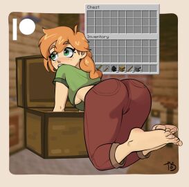 1girls 2d alex_(minecraft) all_fours ass background barefoot bending_forward bent_over big_ass blurry blurry_background blush breasts chest clothed clothed_ass color eyebrows eyebrows_visible_through_hair eyes feet feet_up female female_only freckles from_behind full_body game_mechanics green_clothing green_eyes gui human human_female human_only inventory legs legs_together light-skinned_female light_skin long_hair looking_away looking_to_the_side microsoft midriff midriff_baring_shirt minecraft mixed_media mojang mostly_clothed no_bra no_underwear on_knees open_eyes open_mouth orange_hair pants partially_clothed pinup pinup_pose rear_view red_clothing red_hair shirt solo tight_clothing tobiart toes underboob