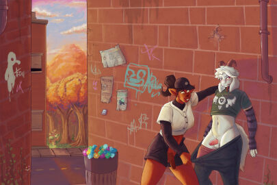 1boy 1futa absurd_res anthro arino armwear asriel_dreemurr baseball_cap baseball_uniform big_penis blush boss_monster_(undertale) bottomwear brick_wall choker clothing clothing_pull collaboration collar crop_top deer deltarune dess_holiday digital_media_(artwork) digital_painting_(artwork) dominant dominant_female dracozhilla duo embarrassed everyman female femboy futa_on_male futanari gaster genitals graffiti hair hat headgear headwear hi_res humanoid humiliation intersex jewelry larger_male looking_away male male/female mammal midriff necklace new_world_deer pants penis penis_humiliation plant ponytail poster reindeer shirt size_difference small_penis small_penis_humiliation smaller_female sportswear sunrise sunset sweatpants topwear trans_woman transfem tree undertale undertale_(series) uniform wall_(structure)