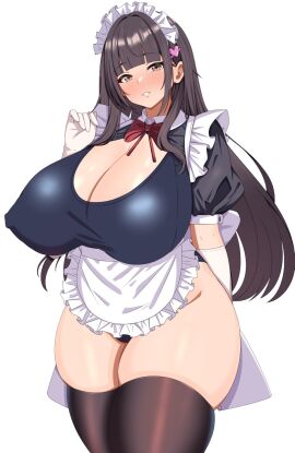 1girls apron black_thighhighs blush bow bowtie breasts brown_eyes brown_hair curvy female female_only gloves hatsutsuki heart highres huge_breasts light-skinned_female light_skin long_hair maid_apron maid_headdress original red_bow red_bowtie smile solo thick_thighs thighhighs voluptuous white_gloves wide_hips