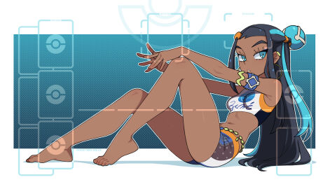 1girls alternate_version_at_paywall arm_band barefoot bikini blue_eyes blue_hair clothed dark-skinned_female dark_skin earrings feet female female_only gym_leader highres legs midriff multicolored_hair nessa_(pokemon) playmat pokemon pokemon_ss pokemon_tcg sfw solo tobias_wheller waist_chain