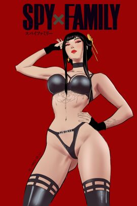 1girls artist_signature black_hair black_lingerie breasts busty curvy female hand_on_hip light-skinned_female light_skin lingerie red_eyeshadow red_lipstick richard_ortiz spy_x_family tammi_yuurei tattoo thighhighs yor_briar yor_forger
