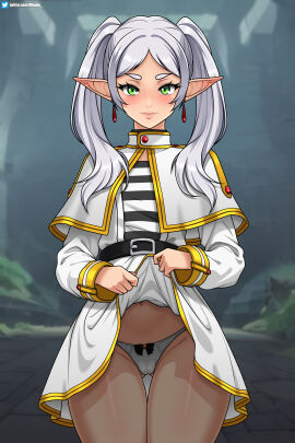 1girls black_pantyhose capelet cowboy_shot elf female female_only frieren misune panties pantyhose showing_off skirt skirt_lift solo sousou_no_frieren standing twintails white_capelet white_hair white_panties white_skirt