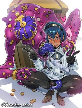 2boys atlus bad_end blue_hair blush bulge captured captured_hero clothed_male dark-skinned_femboy dark-skinned_male dark_skin defeat defeated defeated_hero double_v femboy femboysub heterochromia honkeronies_(artist) hypnosis interspecies licking long_tongue male male_only metaphor:_refantazio mimic mimic_chest mind_control monster on_all_fours peace_sign pink_eyes precum precum_drip questionable_consent red_eyes red_sclera spread_legs staff tongue tongue_out tusks white_background will_(metaphor:_refantazio) yaoi