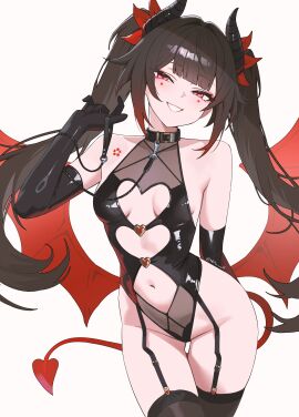 absurdres alternate_costume arm_behind_back bare_shoulders belt_collar black_garter_straps black_gloves black_horns black_leotard black_thighhighs breasts brown_hair circle_facial_mark cleavage_cutout clothing_cutout collar commentary cutout_above_navel demon_horns demon_tail elbow_gloves female flower_tattoo garter_straps gloves grin groin hair_intakes hair_ribbon halloween_costume hand_up highleg highleg_leotard highres holding_own_leash honkai:_star_rail honkai_(series) horns leotard long_hair looking_at_viewer low_wings mark_under_both_eyes medium_breasts navel nvl red_eyes red_ribbon red_tail red_wings ribbon shoulder_tattoo simple_background smile solo sparkle_(honkai:_star_rail) stomach stomach_cutout tail tattoo thigh_gap thighhighs thighs twintails white_background wings