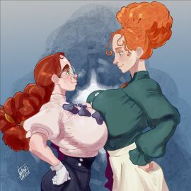 big_hair breast_press breasts cropped_legs francesca_faraday freckles freckles_on_face green_eyes green_shirt huge_breasts kayla_faraday long_sleeves looking_at_another lukex8a orange_hair original red_hair short_sleeves symmetrical_docking twin_braids twintails white_gloves white_shirt