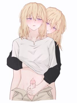 2girls absurdres bang_dream! bang_dream!_it's_mygo!!!!! blonde_hair blush commentary cum firman_acker futa_with_female futanari groping half-siblings hand_under_clothes handjob highres incest long_hair medium_hair misumi_uika misumi_uika's_sister multiple_girls navel open_mouth penis purple_eyes shirt short_sleeves siblings simple_background sisters white_background white_shirt