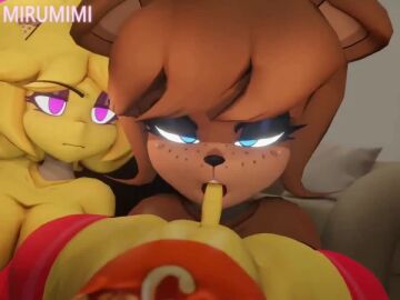 1boy 1boy2girls 2girls 3d angry_expression animated anthro blowjob chiku cryptiacurves fazclaire's_nightclub fellatio female_on_male femdom five_nights_at_freddy's fredina's_nightclub frenni_fazclaire furry mirumimi small_penis sound tagme video voluptuous