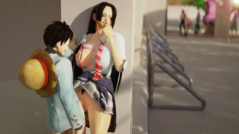 1boy 1girls 3d 3d_(artwork) black-haired_female black-haired_male black_hair blender boa_hancock estatic female happy hiding male monkey_d_luffy naanbeat no_panties one_piece penetration pubes pubic_hair public_sex pussy school school_uniform schoolgirl schoolgirl_uniform sex standing standing_missionary standing_sex straw_hat vagina vaginal_penetration vaginal_sex