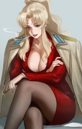 1girls balalaika big_breasts black_lagoon blonde_female blonde_hair breasts burn_scar burns busty cigarette cleavage clothed crossed_legs female female_only huge_breasts kirani large_breasts legs_crossed mostly mostly_clothed pantyhose russian russian_female scarred scarred_body scarred_face scars smoke smoke_from_mouth tagme thick thick_thighs thighs