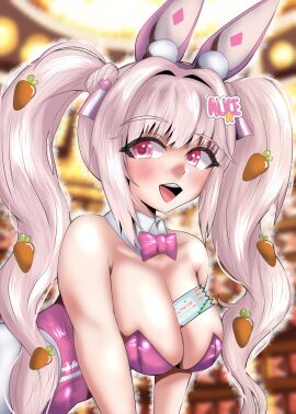 1girls alice_(nikke) alice_(wonderland_bunny)_(nikke) bent_over blush breast_squish breasts bunny_ears bunnysuit cleavage female female_only goddess_of_victory:_nikke object_between_breasts open_mouth pink_eyes twintails upper_teeth white_hair