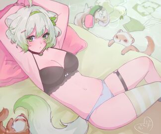 1girls animal_ears armpits arms_up asymmetrical_legwear bed belly_button bra breasts cleavage cute female female_focus female_only ferret ferret_girl green_eyes green_hair green_highlights hair_ribbon hairband hairclip indie_virtual_youtuber kokomi laimu lingerie medium_breasts on_back on_bed panties partially_clothed petite shirt shirt_off short_hair slippers solo tail thick_thighs thigh_strap thighhighs thighs tummy two-tone_hair underwear virtual_youtuber vtuber white_hair