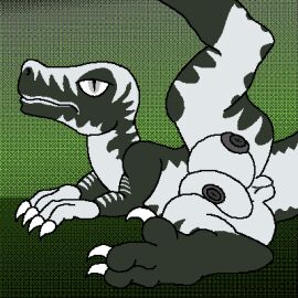 big_teats black_body black_feet black_nipples black_stripes crotch_breasts digital_media_(artwork) dinosaur dromaeosaurid feet female feral genitals gradient_background green_background grey_eyes grey_vulva hi_res nipples pixel_(artwork) prehistoric_species reptile scalie simple_background solo stripes teats therealmessyroomguy1 theropod vulva white_body white_hands white_stripes