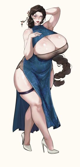 1girls absurd_res armpits blue_dress breasts cleavage dress earrings female female_only footwear heels hi_res high_heels huge_breasts lulu95402099 mature mature_female milf original solo solo_female thigh_strap