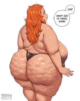 1girls ass bbw big_ass big_breasts breasts cellulite chubby_female dark_nipples fat fat_ass fat_female fellatrix female female_only head_turned huge_ass huge_breasts huge_butt lingerie lipedema looking_at_viewer mature_female milf mostly_nude mostly_nude_female obese_female orange_hair original overweight_female panties presenting_ass red_eyes ruby_(fellatrix) saggy_breasts solo speech_bubble standing talking talking_to_viewer text_bubble thick_thighs topless topless_female white_background wide_hips