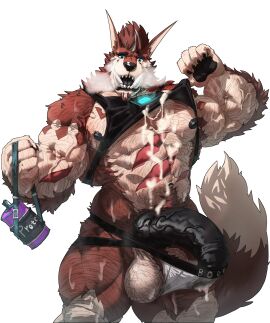 abs anthro arm_hair balls bara belly_hair black_eyebrows black_nose black_penis blue_eyes body_hair brown_body brown_fur brown_tail canid canine chest_hair dust_yang eyebrows fangs flexing_muscles foreskin front_view fur genitals hairy_balls half-erect hi_res humanoid_genitalia humanoid_penis hybrid_genitalia hybrid_penis knot knotted_humanoid_penis knotted_penis leg_hair looking_at_viewer male male_anthro mammal muscles muscular muscular_anthro muscular_male open_mouth pecs penis solo standing tail teeth uncircumcised vein veiny_penis white_balls white_body white_fur white_tail yaoi