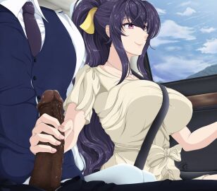 couple dark-skinned_male dark_penis dark_skin driving high_ponytail high_school_dxd himejima_akeno non-web_source penis ponytail purple_eyes ribbon smile yellow_ribbon