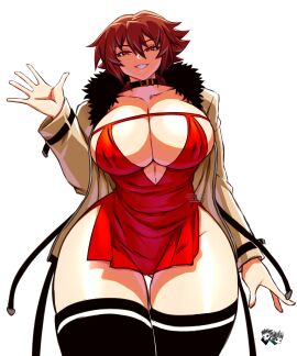 1girls bare_thighs big_breasts blush breasts brown_eyes brown_hair clothed clothing color dress female female_focus female_only hi_res jadenkaiba large_breasts light-skinned_female light_skin long_hair looking_at_viewer no_bra school_fight solo solo_female stockings tagme thick_thighs yui_rakkuza