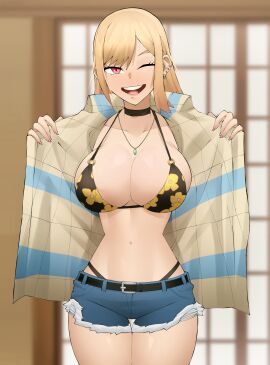 1girls denim_shorts female female_only flytrapxx gyaru human kitagawa_marin open_shirt shorts solo sono_bisque_doll_wa_koi_wo_suru tagme young_female