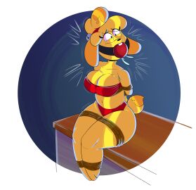 animal_crossing ball_gag bondage cleavage female isabelle_(animal_crossing) office office_desk red_ball_gag red_lingerie red_underwear rope rope_bondage tempson yellow_body yellow_fur