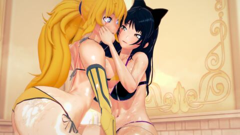 2girls black-haired_female black_hair blake_belladonna blonde_female blonde_hair canon_couple female fingering fingering_partner fingering_pussy hand_on_cheek multiple_females multiple_girls ponytail purple_eyes pussy robotic_arm rwby stormstriker wet_body yang_xiao_long yellow_eyes