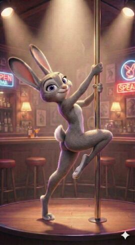 ass bunny bunny_ears bunny_girl bunny_tail bunnysuit clothed female gray_fur happy happy_female judy_hopps light-skinned_female nude pole pole_dancing pose profile_view purple_eyes zootopia
