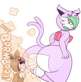 2d ambiguous_gender ass balls ballsack big_ass cosplay drawful-s eevee_(cosplay) espeon_(cosplay) facefart fart fart_cloud fart_fetish farting farting_in_face farting_on_another femboy gardevoir hand_on_ass huge_ass looking_back male male_fart male_gardevoir nintendo onomatopoeia poke_kid_(pokemon) pokemon pokemon_(species) simple_background standing tagme thick_ass thick_thighs