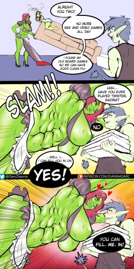 1boy 2girls 3koma abs against_wall armpits aroused aroused_face aroused_female barefoot barely_visible_genitalia barely_visible_pussy blush board_game breasts breasts_out breasts_out_of_clothes breasts_popping_out cleaning comic dark_hair diannadarc elf elf_ears elf_male english_dialogue english_text female female_abs female_domination femdom flustered flustered_male goblin goblin_female green_nipples green_skin heart_symbol high_heels huge_breasts in_heat larger_female lexi_(diannadarc) lifting_object light-skinned_male light_skin maid maid_headdress maid_outfit male muscular muscular_female nervous nervous_smile nervous_sweat nipple_piercing nipples orc orc_female original original_character piercing pussy pussy_juice pussy_juice_drip red_hair requested_sex sazira_(diannadarc) shaved_armpits simple_background smaller_female sofa speech_bubble standing sweat sweatdrop sweaty sweaty_body sweaty_breasts tusks vacuum_cleaner venice_(skyfield999) wet_pussy