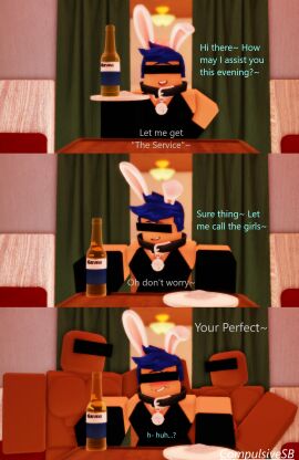 1boy 1femboy 3boys 3d artist_name beer blush blushing_at_viewer bunny_boy bunny_costume bunny_ears bunnysuit censor_bar censored censored_eyes cnc cocaine compulsivesb consensual dialogue drugs english_text femboy gay imminent_sex interracial looking_at_viewer male male_only questionable_consent roblox roblox_avatar roblox_studio robloxian self_upload servant serving_tray sissy tagme text