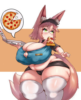 1girls belly_overhang big_breasts black_shorts breasts chubby chubby_belly chubby_female cleavage eating eating_food eating_pizza female female_only fox_ears fox_girl fox_tail green_eyes huge_breasts kemono large_breasts light-skinned_female light_brown_hair light_skin name_tag navel nipples nipples_visible_through_clothing pale-skinned_female pale_skin pepperoni_pizza pizza pizza_box pizza_delivery pizza_delivery_girl pizza_girl pizza_in_mouth renee_(requinn) requinn shorts shortstack shoulder_length_hair stealing_food stockings thick_thighs uniform visor_cap white_stockings