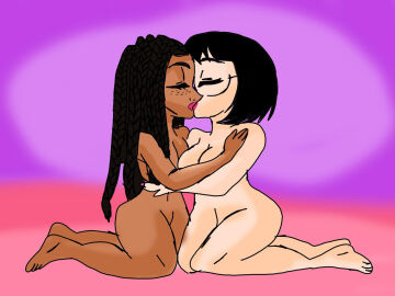 2girls asha_(disney) black_hair breasts completely_nude dahlia_(disney) dark_skin female interracial interracial_yuri kissing lesbian_kiss long_hair nude nude_female pale_skin short_hair wish_(film) yuri