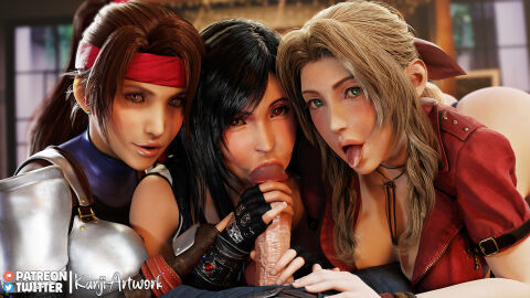 3d aerith_gainsborough black_hair blowjob blowjob_face blowjob_pov breasts brown_eyes brown_hair busty cleavage cloud_strife female final_fantasy final_fantasy_vii final_fantasy_vii_remake foursome gloves green_eyes handjob_while_sucking jessie_rasberry kanjiartwork kanjihentai long_hair looking_at_viewer male ponytail pov pov_eye_contact pov_male red_eyes tifa_lockhart