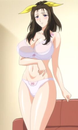 00s 1girls 2008 anime_screenshot aunt bra breasts brown_hair dress female hair_ribbon high_ponytail housewife large_breasts lingerie long_hair mature_female panties ponytail purple_eyes ribbon saiminjutsu_2 standing stitched tagme takase_shino third-party_edit underwear yellow_hair_ribbon yellow_ribbon