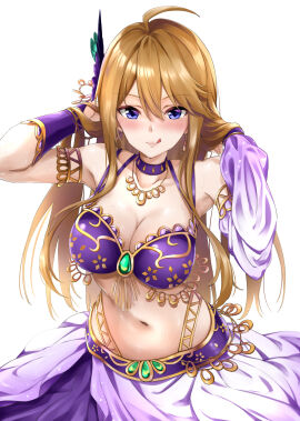 belly_dancer belly_dancer_outfit blonde_hair blue_eyes cleavage detached_sleeves hair_ornament harem_girl harem_outfit idolmaster idolmaster_million_live! large_breasts licking_lips long_hair looking_at_viewer necklace raidensan skirt suou_momoko tokoro_megumi