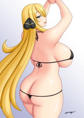 1girls 2024 ass ass_cleavage big_breasts bikini blonde_hair breasts cynthia_(pokemon) female female_only grey_eyes long_hair looking_at_viewer micro_bikini nintendo pokemon pokemon_dppt smiling smiling_at_viewer solo somegu thick_ass thick_thighs