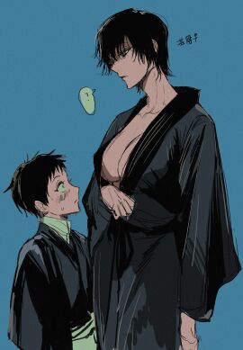 1boy 1girls age_difference big_breasts black_hair blush breasts cleavage dubious_consent eyelashes female genderswap genderswap_(mtf) height_difference implied_incest jujutsu_kaisen kimono large_breasts male milf older_female older_female_and_younger_male pixie_cut questionable_consent rule_63 short_hair solo_female solo_male staring_at_breasts tagme tagme_(artist) toji_fushiguro tomboy tomboy_milf younger_male zenin_naoya