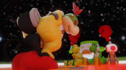 5boys ass ass_focus ass_worship big_ass big_butt black_fur bowser_jr. defeated doommusk face_in_ass gay haplorhine interspecies kneeling koopa koopa_clown_car lire_(doommusk) male mario_(series) mario_party monkey primate red_hair red_pants smug space spiked_shell submissive_anthro thick_thighs toad_(mario) yellow_body yoshi